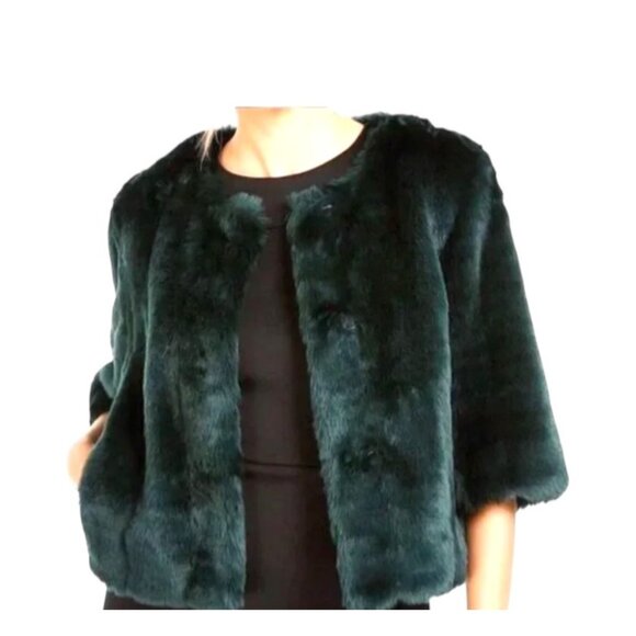 Calvin Klein Faux Fur Cropped Jacket Green Size 1X Glam Maximalist Mobwife Cute - Picture 2 of 16